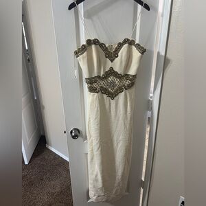needs dry cleaning   Caché Cream Strapless Dress with Gold Accents